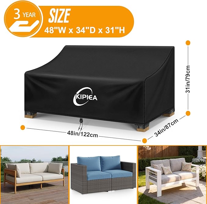 Kipiea Patio Sofa Cover, Heavy Duty Outdoor Couch Covers Waterproof Winter, 2-Seat Patio Furniture Cover Loveseat, Outdoor Sofa Covers with Anti UV and No Tears, No Fading (48"W x 34"D x 31"H)