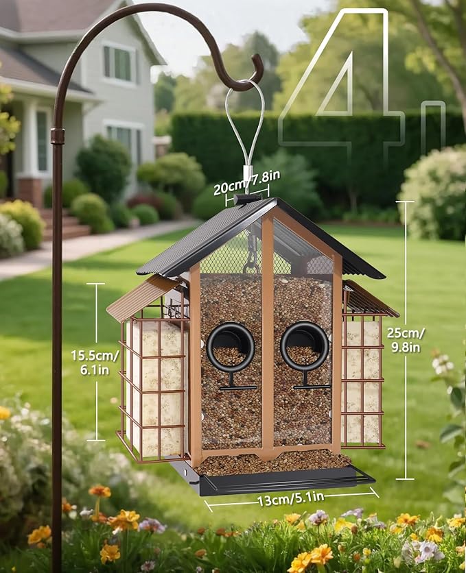 Weatherproof Bird Feeders for Outdoors - 4Lbs Large Metal Suet Feeder for Cardinal Finch, Garden Decor (Khaki)
