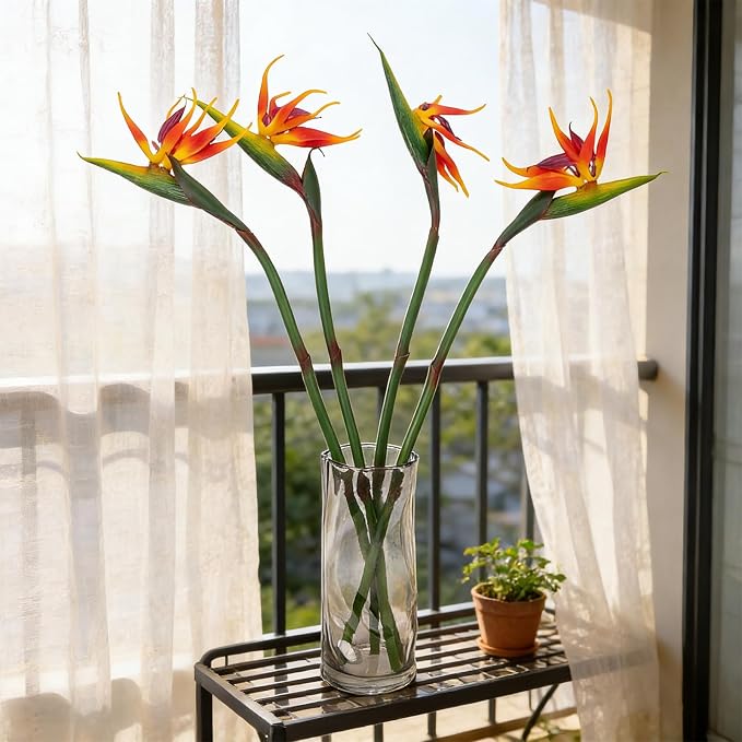 4 Pcs 33.5inch Artificial Birds of Paradise Plant Faux Birds of Paradise Stems Long Stem Fake Tropical Plants for Wedding Party Home Table Centerpiece Indoor Outdoor Vases Decor (Orange)