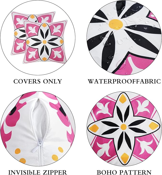 Pyonic Black Hot Pink Outdoor Pillows Waterproof Throw Pillow Covers Set of 4 Floral Printed and Boho Farmhouse Outdoor Pillow Covers for Patio Funiture Garden 18x18 Inch