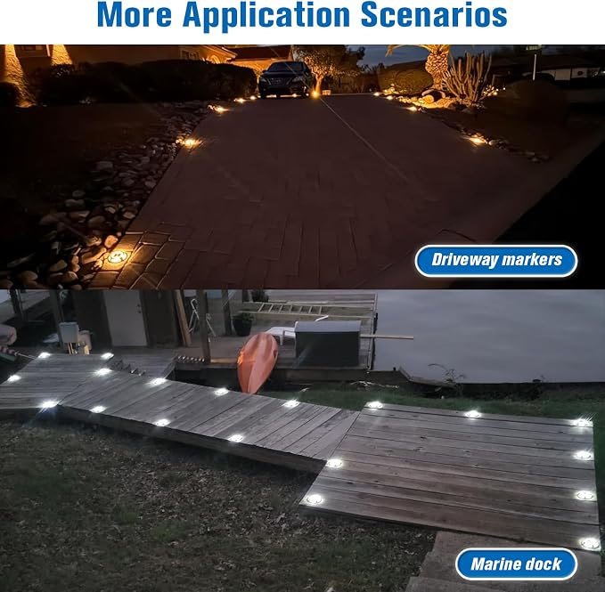 VOLISUN Solar Driveway Lights Dock Outdoor Waterproof Marker Lights,16 Pack Solar Deck Lights 2 Colors in 1 Led Wireless IP67,Solar Deck Lights for Sidewalk Pathway Yard(White/Warm White),Auto On/Off