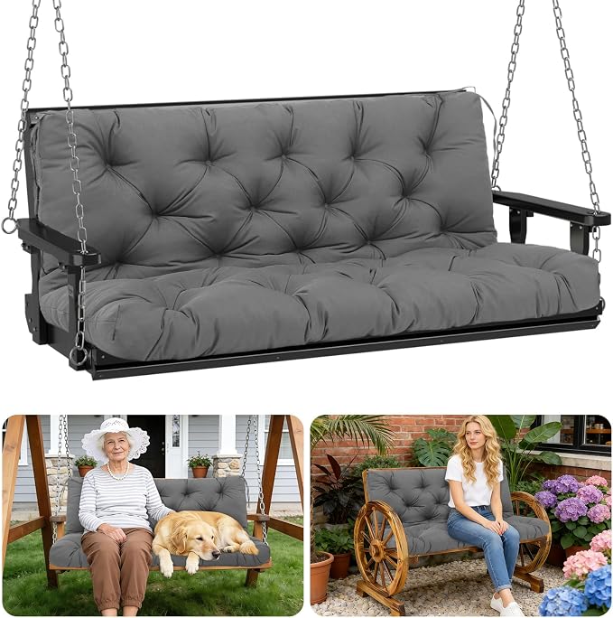 Porch Swing Cushions Outdoor 48 inch x 40 Waterproof Swing Cushions 3 Seater Replacement with Backrest & 8 Ties 5" Thick Bench Swing Cushions for Outdoor Furniture Patio(Dark Gray)
