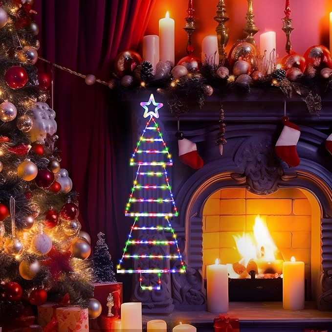 LED Christmas Lights Outdoor,4.6ft 189 LED Christmas Tree Ladder Light with Star Topper 8 Modes Christmas Decorations Lights for Indoor Outdoor, Window, Garden, Home, Wall, Xmas Tree Decor-Multicolor