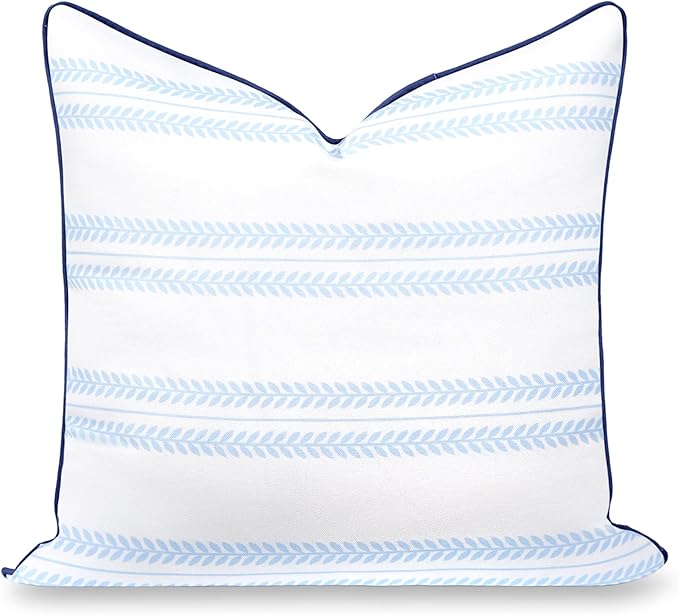 Hofdeco Premium Coastal Hampton Patio Indoor Outdoor Throw Pillow Cover Only, 22"x22" Water Repellent for Backyard, Couch, Poolside, Baby Blue Navy Print Leaf Striped