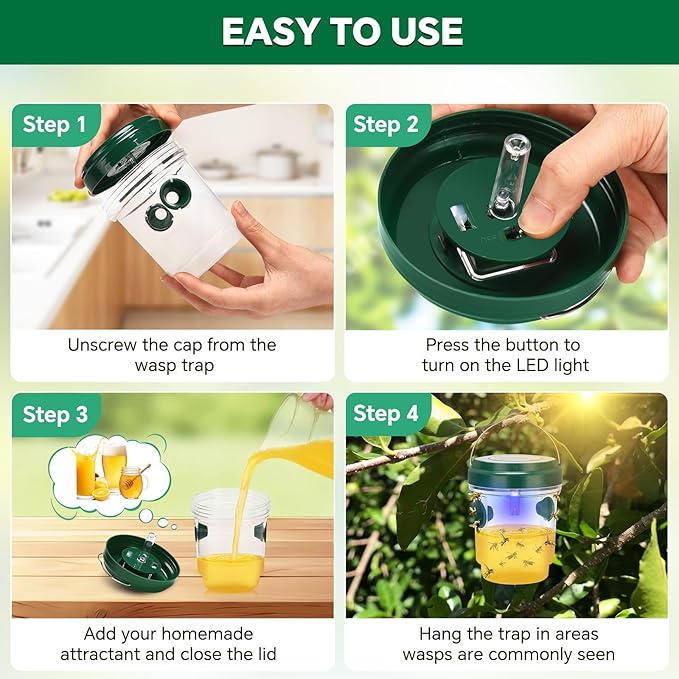 Wasp Trap, Solar Wasp Traps Outdoor Hanging, Reusable Yellow Jacket Hornet Trap with LED Light for Outside Garden, Patio, Orchard, Camping (2, Green)