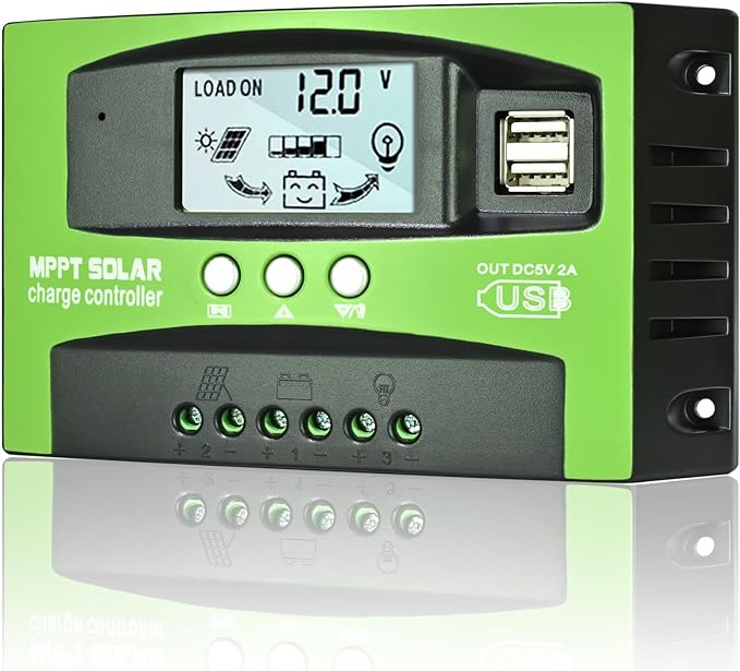30A MPPT Solar Charge Controller, 12V/24V Auto Tracking Solar Panel Regulator with LCD Display Dual USB Port Multiple Load Control Modes Timer Setting, Fit for Gel Sealed Flooded and Li Battery(Green)