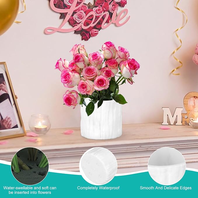 24 Set Plastic Cylinder Planter Box Round Plastic Flower Box with Removable Foam Blocks Liner White Round Vase for Centerpiece Home Wedding Garden Craft Decor (White Bark)