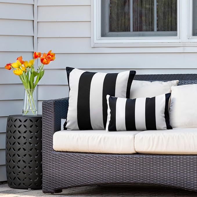 WESTERN HOME WH Pack of 2 Outdoor Waterproof Striped Pillow Covers Square Decorative Garden Cushion Covers Modern Farmhouse Throw Pillowcases for Patio Tent Balcony Couch Sofa 20x20 inch Black