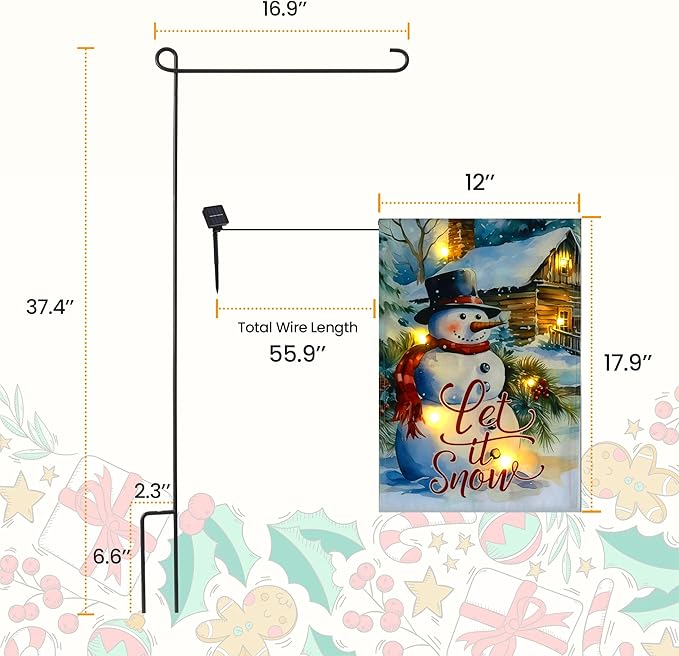 Christmas Garden Flag with Lights for Outdoor, 12x18 Snowman Double Sided Outdoor Flag, Led Solar Lighted Holiday Decoration, Winter House Yard Flags for Outside Lawn Porch Farmhouse Decor