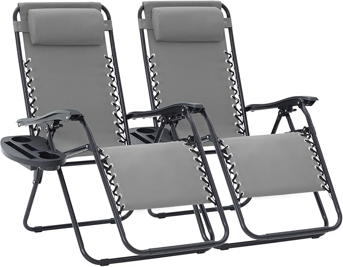 JEAREY Zero Gravity Lounge Chairs Set of 2, Adjustable Steel Mesh Recliners with Pillows and Cup Holder Trays for Patio, Garden, Beach, Light Grey