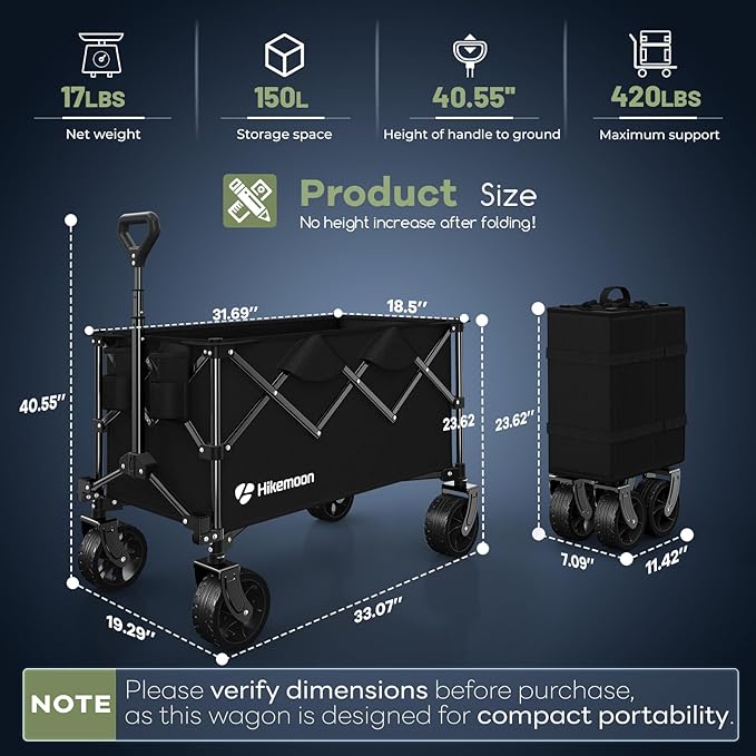 Hikemoon 150L Collapsible Wagons Carts Foldable, 420LBS Heavy Duty Folding Beach Cart with Big All-Terrain Wheels, Portable Utility Wagon for Grocery, Shopping, Garden, Sports, Camping, Black
