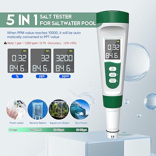 Salt Tester for Saltwater Pool & pH Meter,5 in 1 Digital Water Tester for Salinity,Temp,EC,TDS Meter for Pool Salt Tester,Hot Tubs & Spas,Hydroponics,Aquarium,Accurate & Reliable,Green
