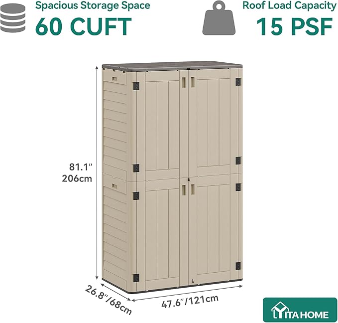 YITAHOME 60 cuft Vertical Outdoor Storage Shed w/o Shelf, Large Waterproof Storage Cabinet for Garden Shed, Tall Outdoor Storage Shed for Garage, Pool Storage, Resin, Lockable, Khaki & Brown