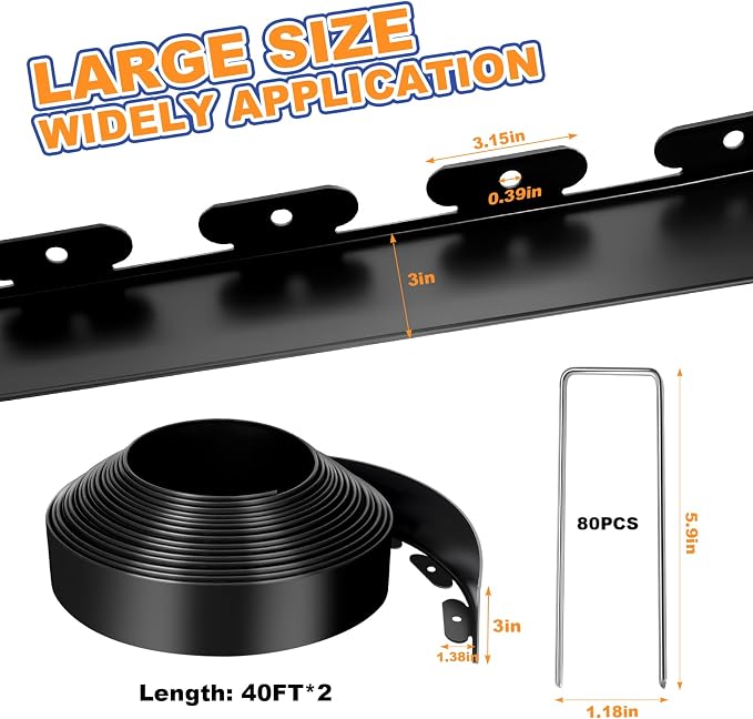3 Inch x 80 FT (Multiple Sizes Available) Landscape Edging, Garden Edging Borders with 80pcs Upgrade Stakes, Flexible No Dig Plastic Garden Border for Lawn, Landscaping, Flower Beds and Yard