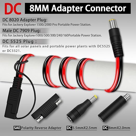 COMeap 6FT 1.8M SAE to DC8mm Male Adapter for Jackery Solar Panel, with Polarity Reverse Adapter DC7909 to DC5525/DC8020 Converter for Explorer/GZ Portable Power Station Solar Generator 14AWG