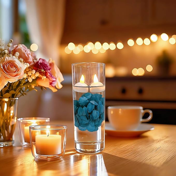 24 Pack Flameless Floating Candles and Floating Artificial Flower Led Battery Operated Waterproof Tea Lights for Cylinder Vases Centerpieces at Wedding, Party, Pool Decor Darkblue