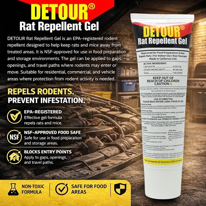 Detour Rat Repellent Gel Professional Grade Rat Mice Repellent 8 oz Squeeze Tube NSF-Approved for Food Preparation Areas Protects Car Engine Wires & Outdoor Grills from Rodents Toxin-Free