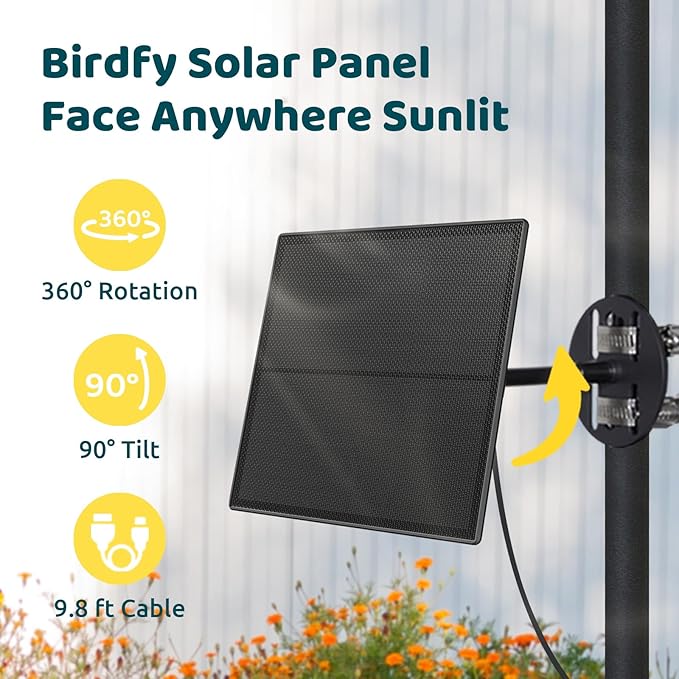 Birdfy 8W Solar Panel for Smart Bird Feeder Camera, Type-C Charger for Birdfy Feeder, 360° Adjustable Swivel Mount, IP65 Waterproof for Outdoors, 8W Continuously Power Supply (9.8ft Standard Cable)