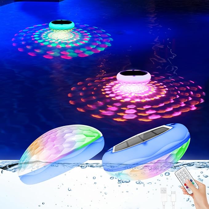 Solar Floating Pool Lights(2 PCS), USB Rechargeable Pool Lights with Remote, 6.7" 2600mAh IP68 Waterproof Floating Light 6 Dynamic Modes Upper and Lower Glow Hangable Light for Pond Patio Party