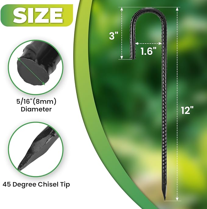 Homwin Ground Stakes 12 inches 18-Pack J Hook Rebar Stakes 5/16" Diameter Tent Stakes Heavy Duty Metal Stakes for Outdoor Decorations, Yard Inflatables and Chain Link Fence