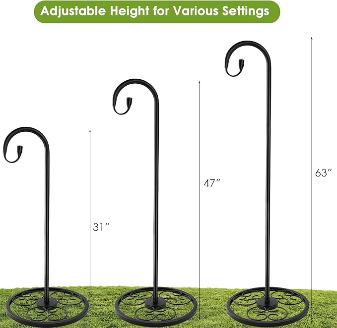 63" Adjustable Shepherd Hook Stand with Round Base Stand for Wind Chime, Bird Feeder, Lantern for Indoor & Outdoor Garden Patio Home Decor. (Single Shepherd's Hook, 63, Inches)