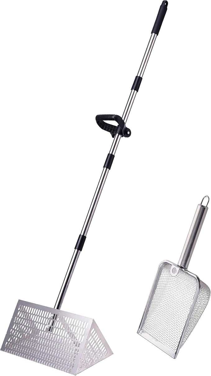 Sand Flea Rake 16" Wide - Detachable 54" Handle with Shark Tooth Screen - Stainless Steel Beach Rake for Fishing Bait, Shelling, Yard Cleaning - Saltwater Rust Proof & Portable