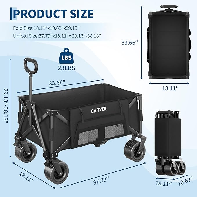 Wagon Carts Foldable, 460LBS Weight Capacity 280L Collapsible Wagon with All-Terrain Wheels, Drink Holders, Storage Cover&Elastic Rope, Utility Carts for Groceries, Shopping, Camping, Sports -Black