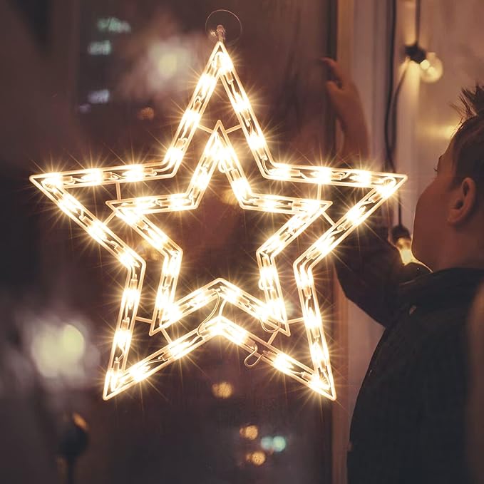 Christmas Window Silhouette Lights, Lighted Star Double Sided Decorations with 50 Count Incandescent Mini Light, for Holiday Indoor Wall Door Glass Decor
