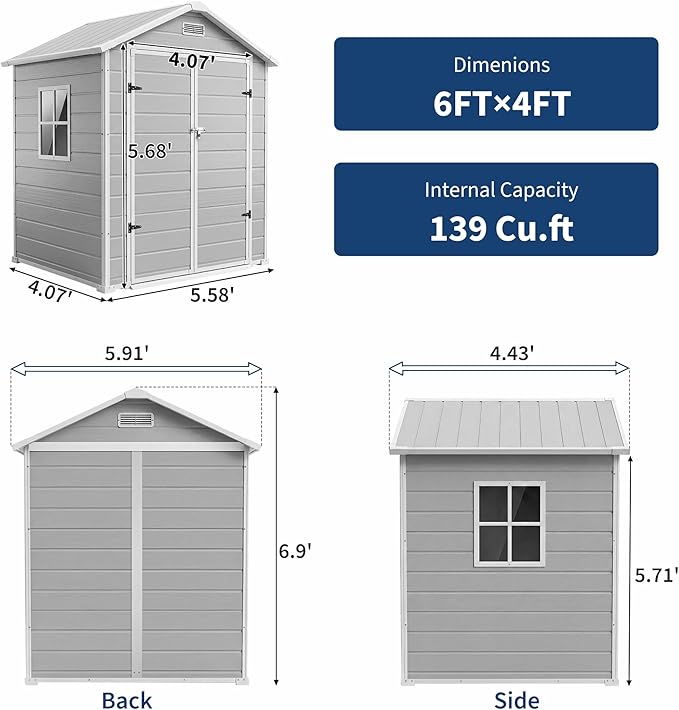 Resin Outdoor Storage Sheds 4x6 ft, Upgraded Double-Wall Outdoor Plastic Shed with Window & Double Doors, Waterproof Lockable Garden Shed (Light Gray, 6 X 4 ft)