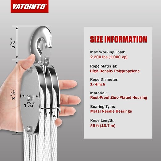 YATOINTO 1 Ton Rope Hoist Pulley System, Heavy Duty Block and Tackle(White) | 50FT Polypropylene Fibers Rope, 6:1 Lifting Power, Metal Bearing Design, Rust-proof Zinc-plated Housing w/Alloy Steel Hook