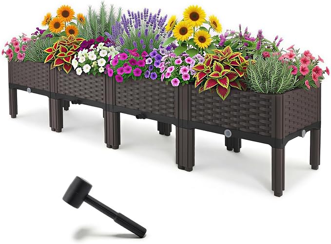 Raised Garden Bed with Legs & Drain Outlet, Self-Watering System Outdoor Elevated Wicker Planter Box Rectangular Patio Plant Containers for Vegetables, Flowers (4-Box)