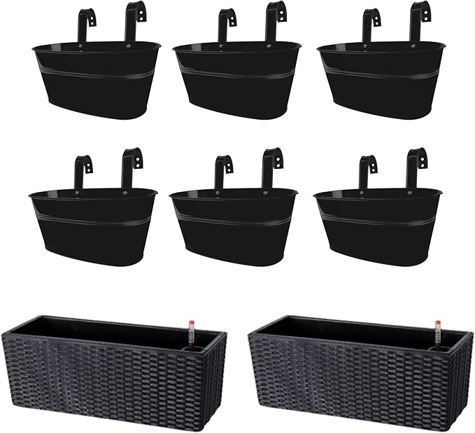 LaLaGreen Bundle- 2 Pack, 20 Inch Black Self Watering Planter + 6 Pack, 9.8 Inch Black Metal Pot Wall Mount Hanging Flower Herb Boxes Window Rail Fence Modern Balcony Countryside Style Garden Decor
