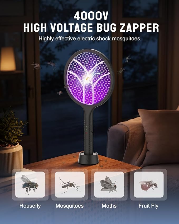 Mosiller Electric Fly Swatter Racket, 4000V Bug Zapper with 1800mah & Dual Modes, 2 in 1 Rechargeable Purple Mosquito Light Killer with 3-Layer Safety Mesh for Indoor Home Patio Camping Office(1 Pack)