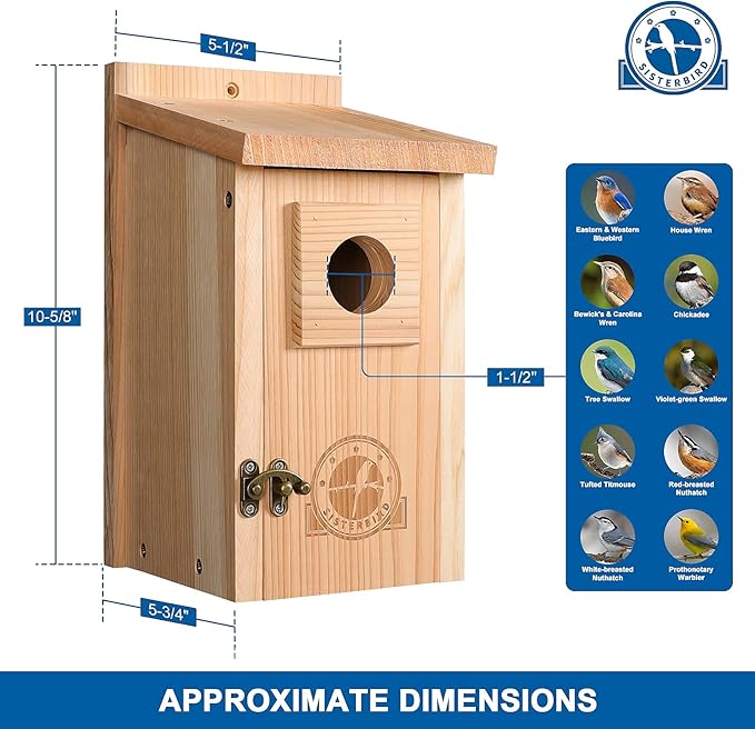 SISTERBIRD Bird Houses for Outside 1-1/2" Entrance Hole Cedar Wild BirdHouses with Wood Guard Outdoor Bluebird Wren Swallow Finch Assembly Required