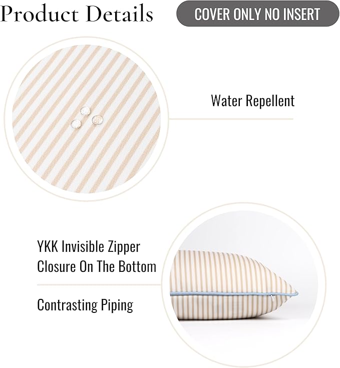 Hofdeco Premium Coastal Hampton Patio Indoor Outdoor Lumbar Pillow Cover Only, 12"x20" Water Repellent for Backyard, Couch, Poolside, Neutral Tan Blue Print Stripes