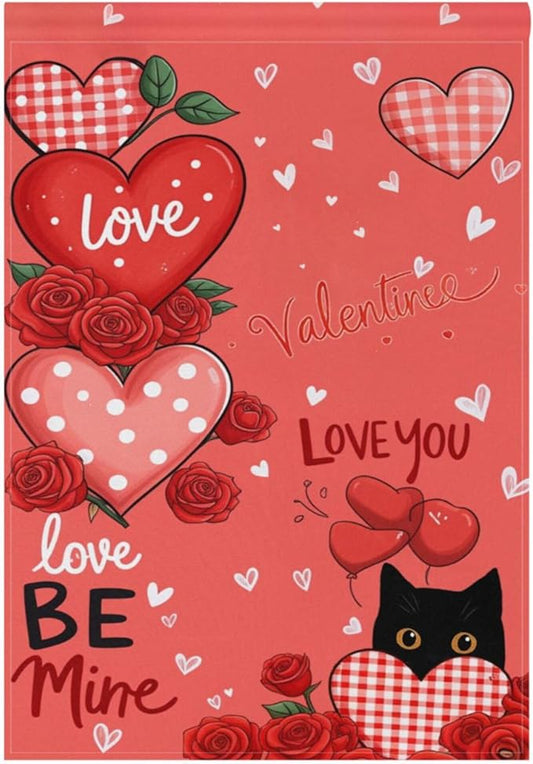 Valentine’s Day Cat Love House Flag 28x40 Inch Double Sided Outside Red Heart Be Mine Valentines Gift Yard Outdoor Flag Banner for Garden Lawn Patio Holiday Decorations