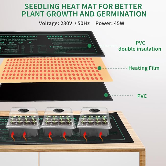 Seed Germination Kit with Heat Mat and Light Humidity Domes, 60 Cell Starter Trays Germination Station Cloning Kit