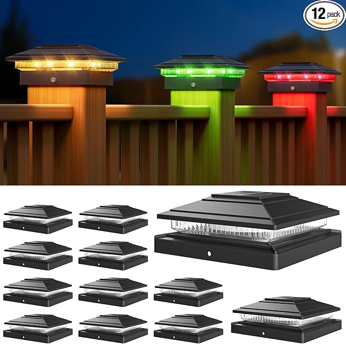 APONUO Solar Post Cap Lights Color Changing - RGB 8 Solid & Gradient Colors, IP65 Waterproof, for 4x4 5x5 6x6 Wood Vinyl Fences, Deck, Patio, Yard, Black, 12 Pack