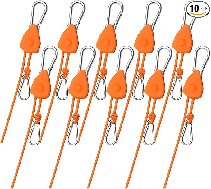 10Pack Retractable Ratchet Tie Down Straps, 13 Ft 1/8” Adjustable Rope Hanger, Heavy Duty Ratcheting Pulley System with 2 Carabiner Hook, for Xmars Decorations, Hanging Plants, Grow Lights