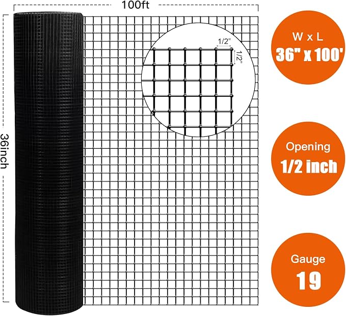 Zevemomo 36" x 100' 1/2inch Hardware Cloth, Black Vinyl Coated Chicken Wire Fence Galvanized Welded Mesh Roll for Home Garden Rabbit Cage