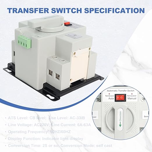 220V Automatic Transfer Switch, Dual Power 2P 63A CE Certified ATS Generator Changeover Switch 50Hz/60Hz, White