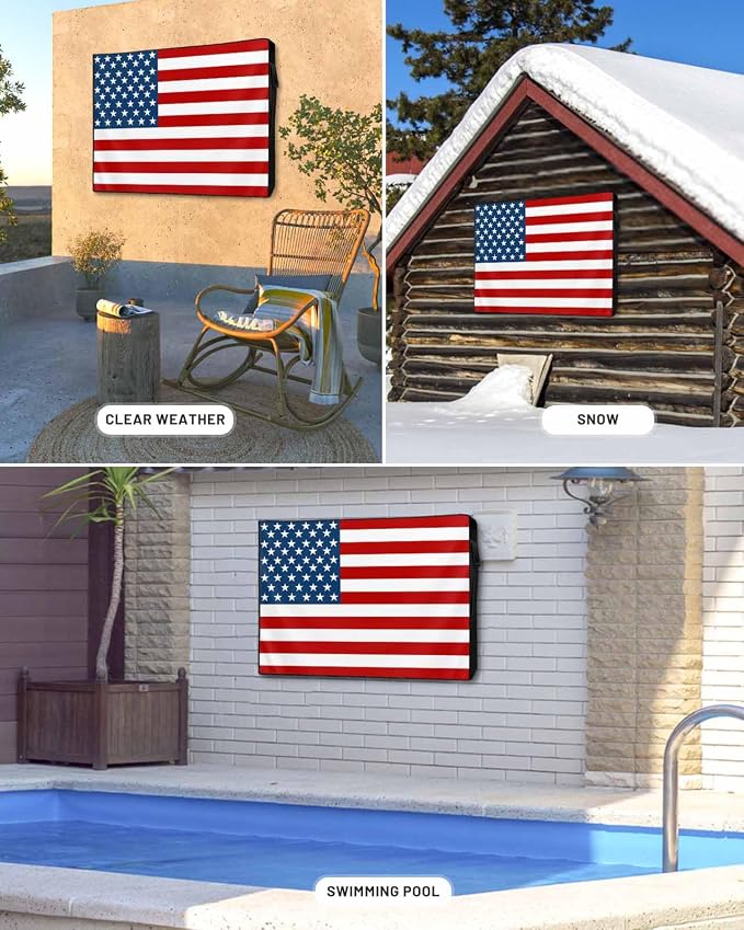 American Flag Outdoor TV Cover 60-65 Inch Weatherproof, Red Striped Blue Star Enclosure With Zipper & Roll Up Front Flap, USA Flag Waterproof Cover for Outside Flat Screen
