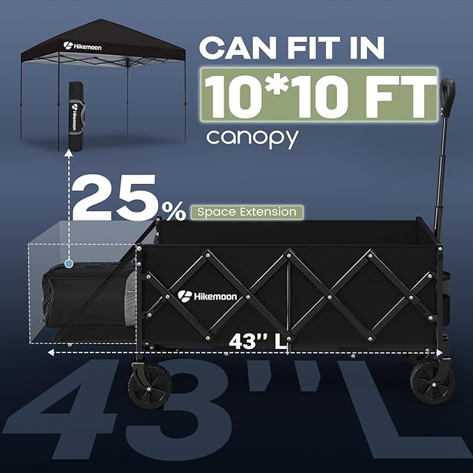 Hikemoon 43'' Extra Long Collapsible Wagon with Extended Tailgate, 360LBS Heavy Duty Wagons Carts Foldable, Portable Folding Outdoor Utility Cart for Grocery, Shopping, Garden, Camping, Black