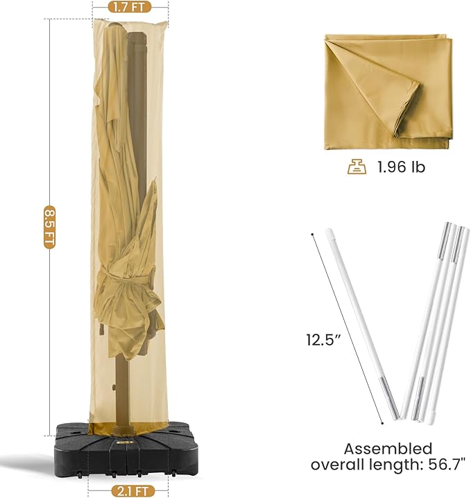 Patio Umbrella Cover Waterproof UV Resistant Outdoor Cantilever Umbrella Covers with Zipper and Rod, Khaki