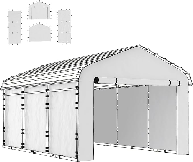 Outsunny Carport Replacement Sidewall Panels Set of 4 for 12' x 20' Carports, UPF50+ Waterproof PE Tarp Replacement Side Wall Cover with Zipper Door, Top Cover and Frame Not Included, White