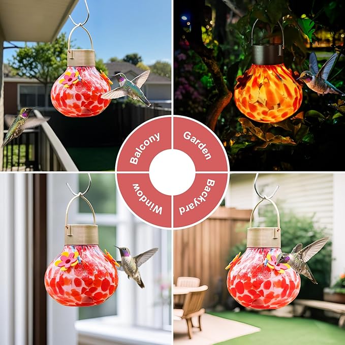 Hummingbird Feeder with Solar Light, Outdoor Glass Hummingbird Feeder, Auto-Lighting Solar Lamp for Garden Decor, 3 Feeding Ports Attract More Birds, Waterproof Design, Ideal Gift (Red)