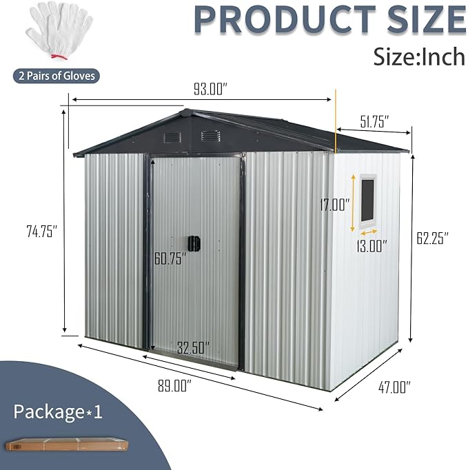 8x4 FT Outdoor Metal Storage Shed with Window, Galvanized Steel Garden Shed, Lockable Sliding Door, Sloped Roof, Ventilated Tool Storage House with Foundation Kit for Backyard Lawn, White+Black