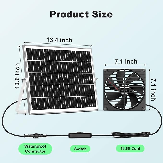 7.1" Solar Greenhouse Fan 2 Pack, 25W x 2 Large Solar Powered Intake and Exhaust Fan Outdoor Waterproof, 16.5 ft Cord, Strong Airflow for Chicken Coop Circulation and Ventilation, No Battery