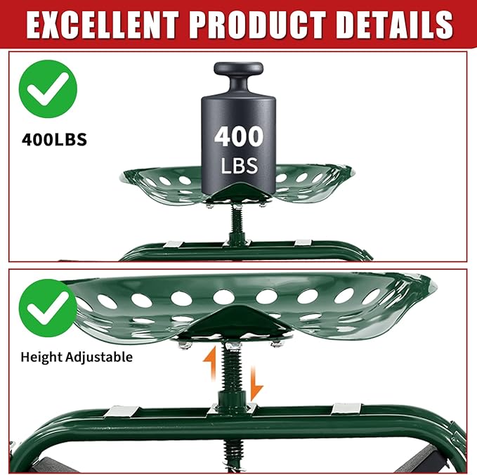 Garden Cart Rolling Workseat with Wheels, 360° Swivel Gardening Stool, Extendable Steering Handle & Utility Tool Tray, 10-Inch Inflatable Tires, Reinforced Steel Construction for Patio, Yard, Outdoor