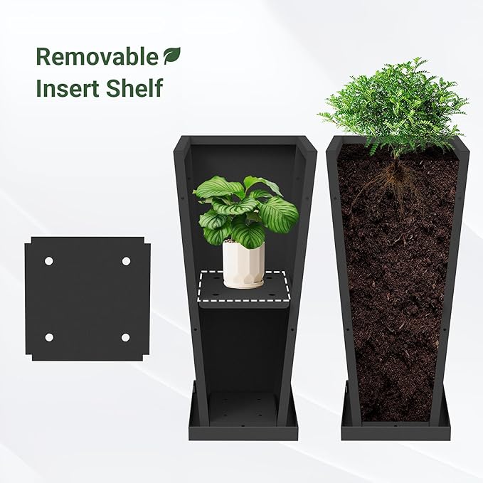 Metal Tall Outdoor Planters Set of 2, 26 inch Durable Tall Planters with Rust-Proof Coating & Drainage Insert Shelve & Trays, Black Outdoor Planters for Porch, Garden, Patio, Yard